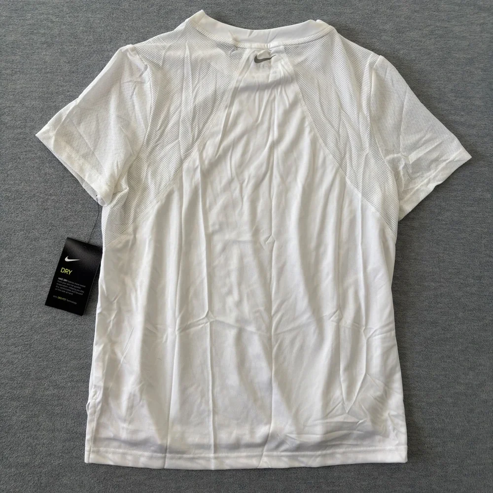 Nike Women White Dri-FIT Running Mesh Panel Short Sleeve Workout Tee Shirt M NEW